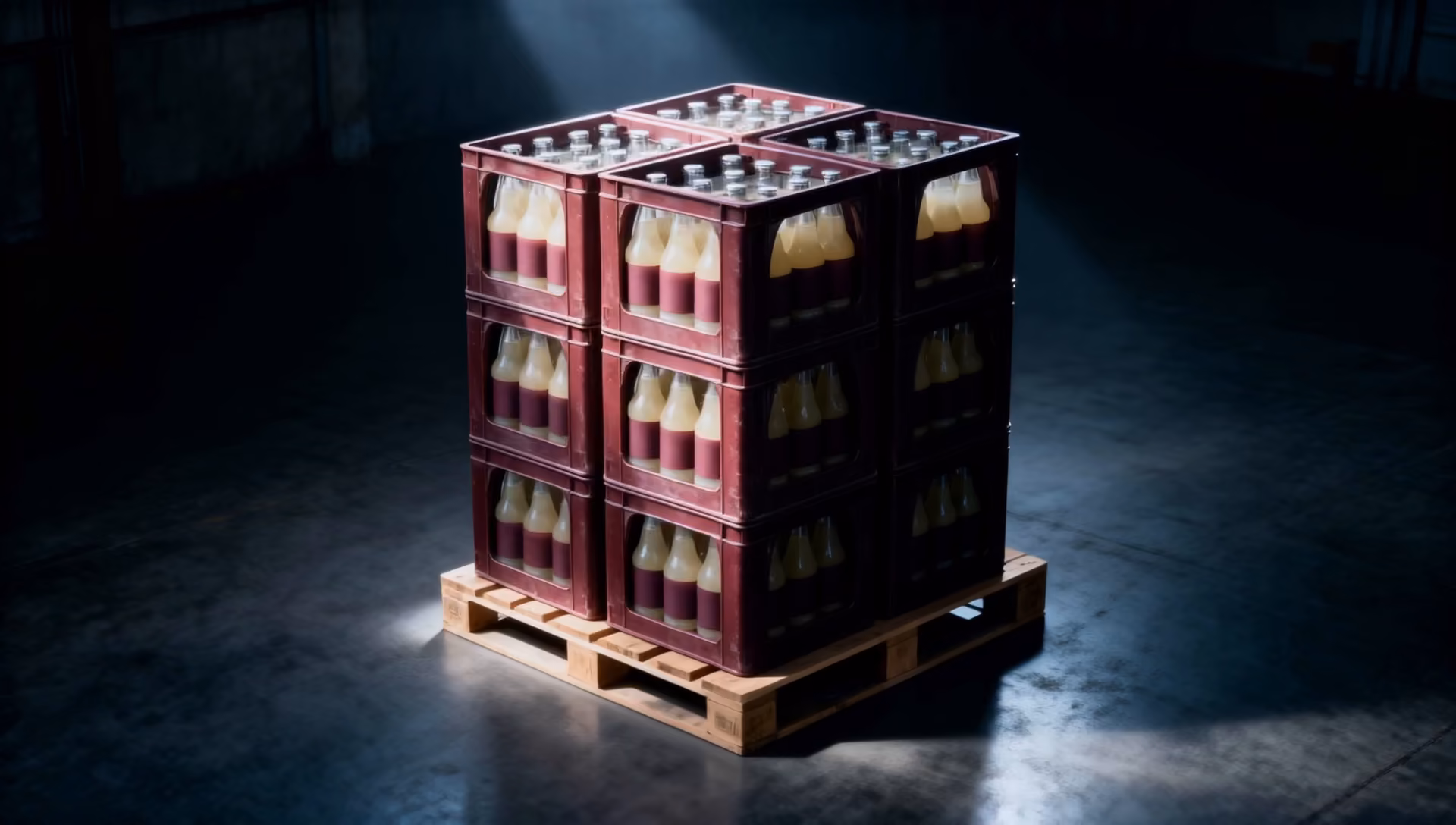 Paleta skrzynek z lemoniadą w magazynie